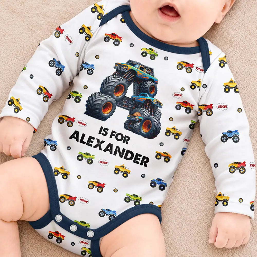 Custom Name Monster Truck Baby Boy Gift For Grandson Son Nephew - Personalized Baby Bodysuit