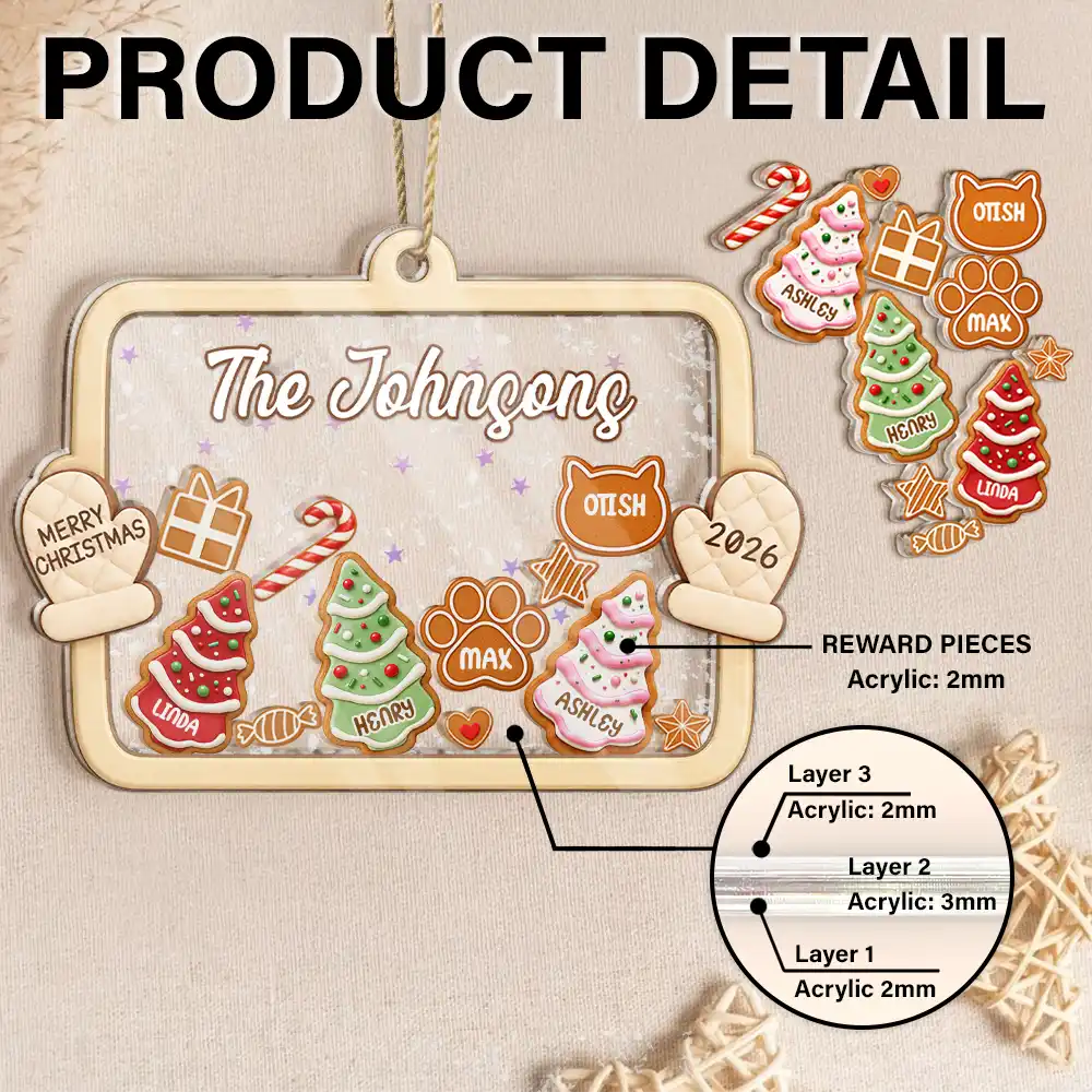 Playful, Christmas, Family, Icon - Gingerbread Family With Pet Family Keepsake - Personalized 3-Layered Acrylic Shaker Ornament