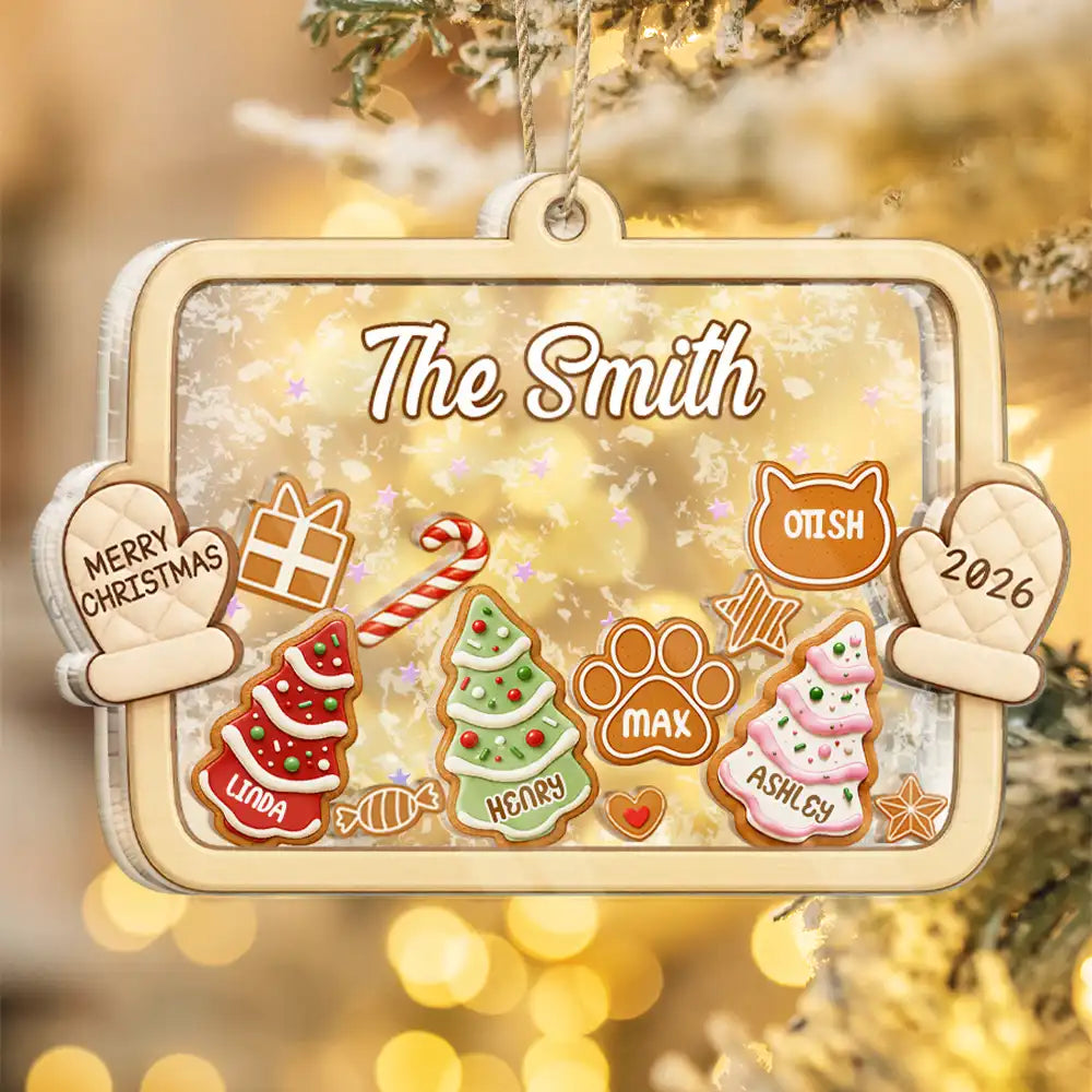 Playful, Christmas, Family, Icon - Gingerbread Family With Pet Family Keepsake - Personalized 3-Layered Acrylic Shaker Ornament