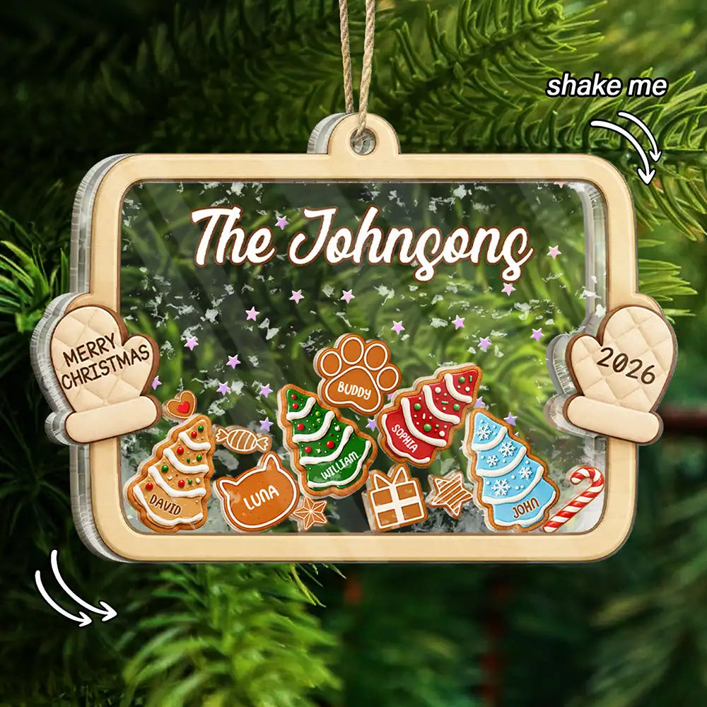 Playful, Christmas, Family, Icon - Gingerbread Family With Pet Family Keepsake - Personalized 3-Layered Acrylic Shaker Ornament