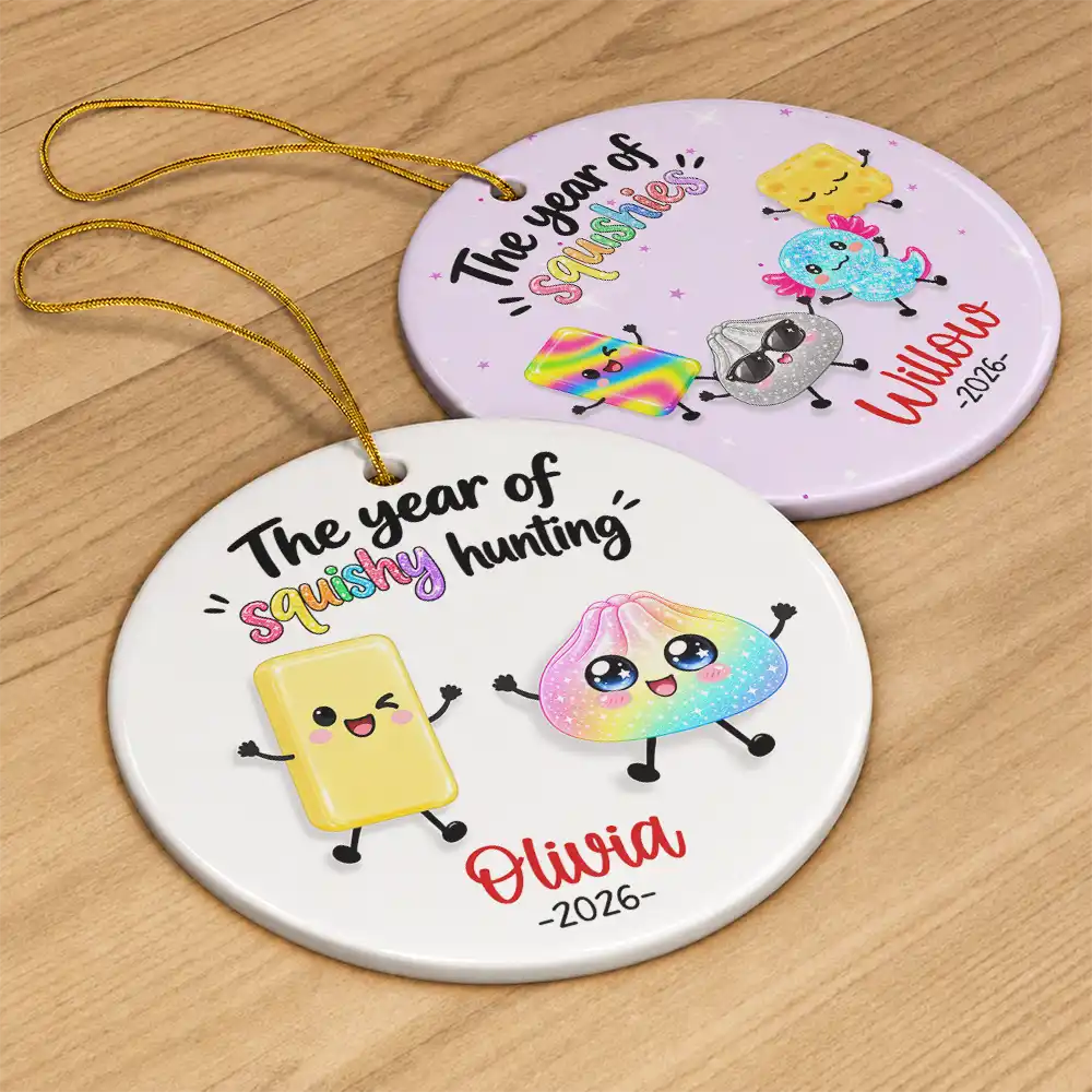 Top Market, Playful, Christmas, Gift For Kids, Icon - The Year I Did A Lot Of Squishy Hunting Keepsake Gift For Kids - Personalized Circle Ceramic Ornament