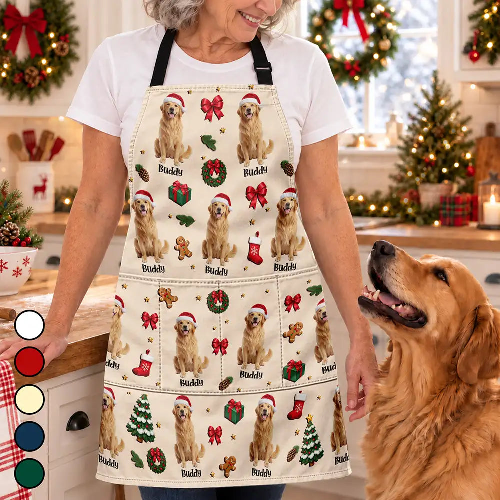 Art Design,Christmas,Custom Photo,Happy,Pet Lovers,Photo - Christmas Accessories 3D Cartoon Pet - Christmas Gift For Pet Mom - Personalized Custom Photo Pet Name Festive Pattern Apron