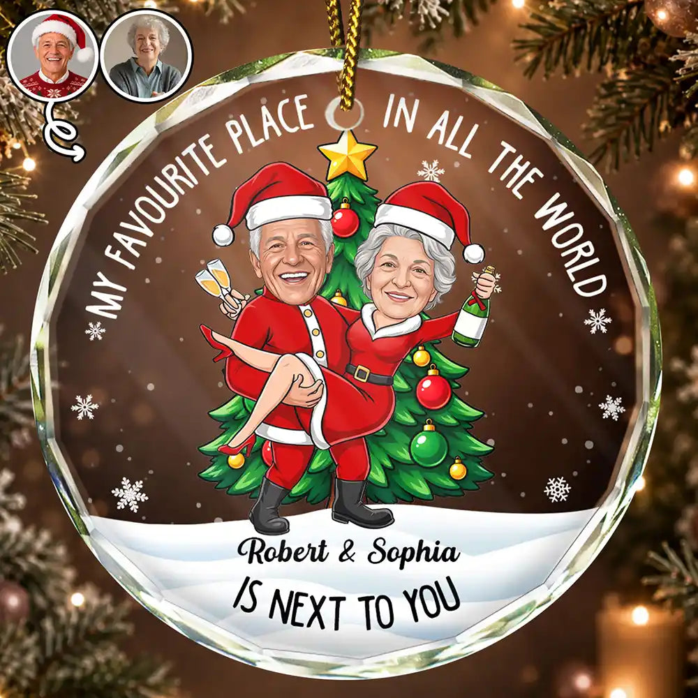 Art Design,Christmas,Custom Photo,Gift For Couples,Humorous,Old Couples,Photo - Christmas Character Cosplay Couple  - Funny Christmas Gift For Couples - Personalized Custom Photo My Favorite Place In All The World Circle Glass Ornament