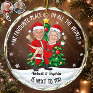 Art Design,Christmas,Custom Photo,Gift For Couples,Humorous,Old Couples,Photo - Christmas Character Cosplay Couple  - Funny Christmas Gift For Couples - Personalized Custom Photo My Favorite Place In All The World Circle Glass Ornament