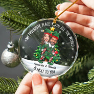 Art Design,Christmas,Custom Photo,Gift For Couples,Humorous,Old Couples,Photo - Christmas Character Cosplay Couple  - Funny Christmas Gift For Couples - Personalized Custom Photo My Favorite Place In All The World Circle Glass Ornament