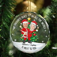 Art Design,Christmas,Custom Photo,Gift For Couples,Humorous,Old Couples,Photo - Christmas Character Cosplay Couple  - Funny Christmas Gift For Couples - Personalized Custom Photo My Favorite Place In All The World Circle Glass Ornament