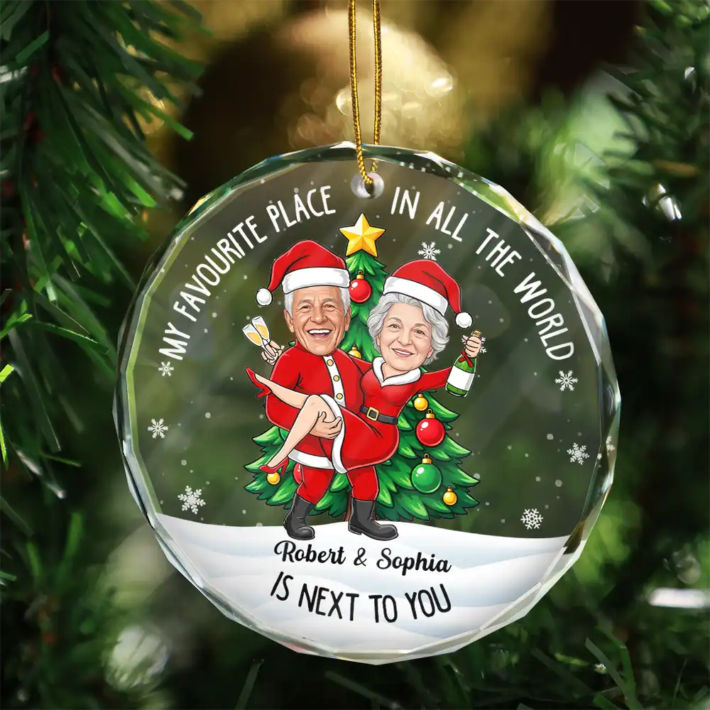Art Design,Christmas,Custom Photo,Gift For Couples,Humorous,Old Couples,Photo - Christmas Character Cosplay Couple  - Funny Christmas Gift For Couples - Personalized Custom Photo My Favorite Place In All The World Circle Glass Ornament