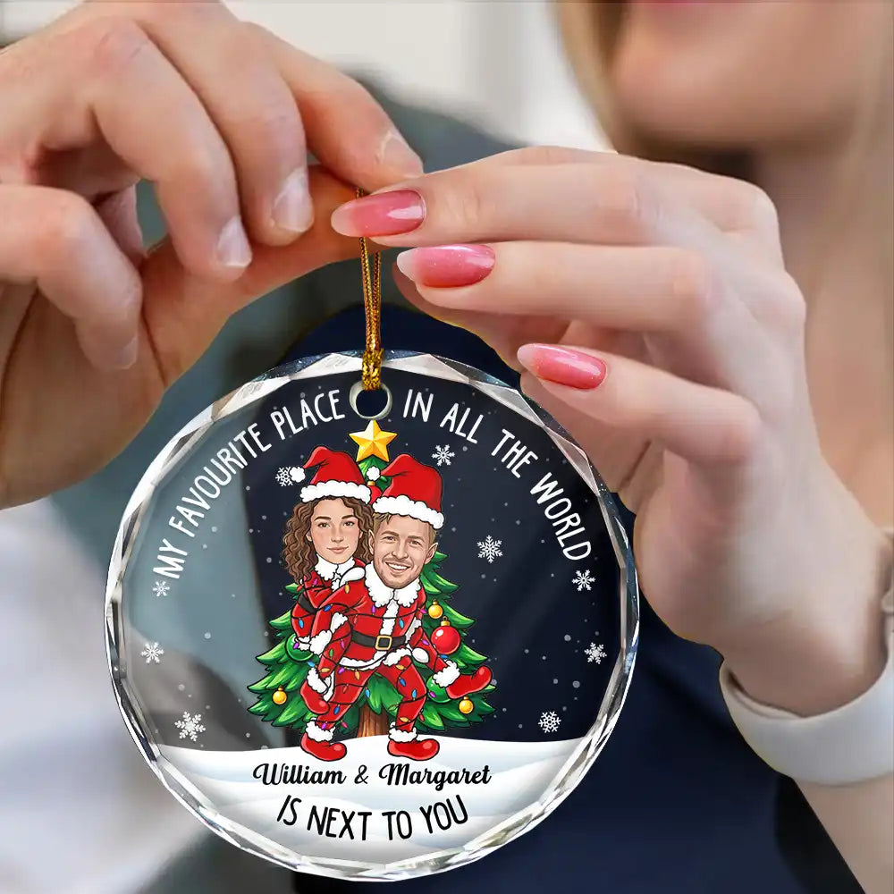 Art Design,Christmas,Custom Photo,Gift For Couples,Humorous,Old Couples,Photo - Christmas Character Cosplay Couple  - Funny Christmas Gift For Couples - Personalized Custom Photo My Favorite Place In All The World Circle Glass Ornament