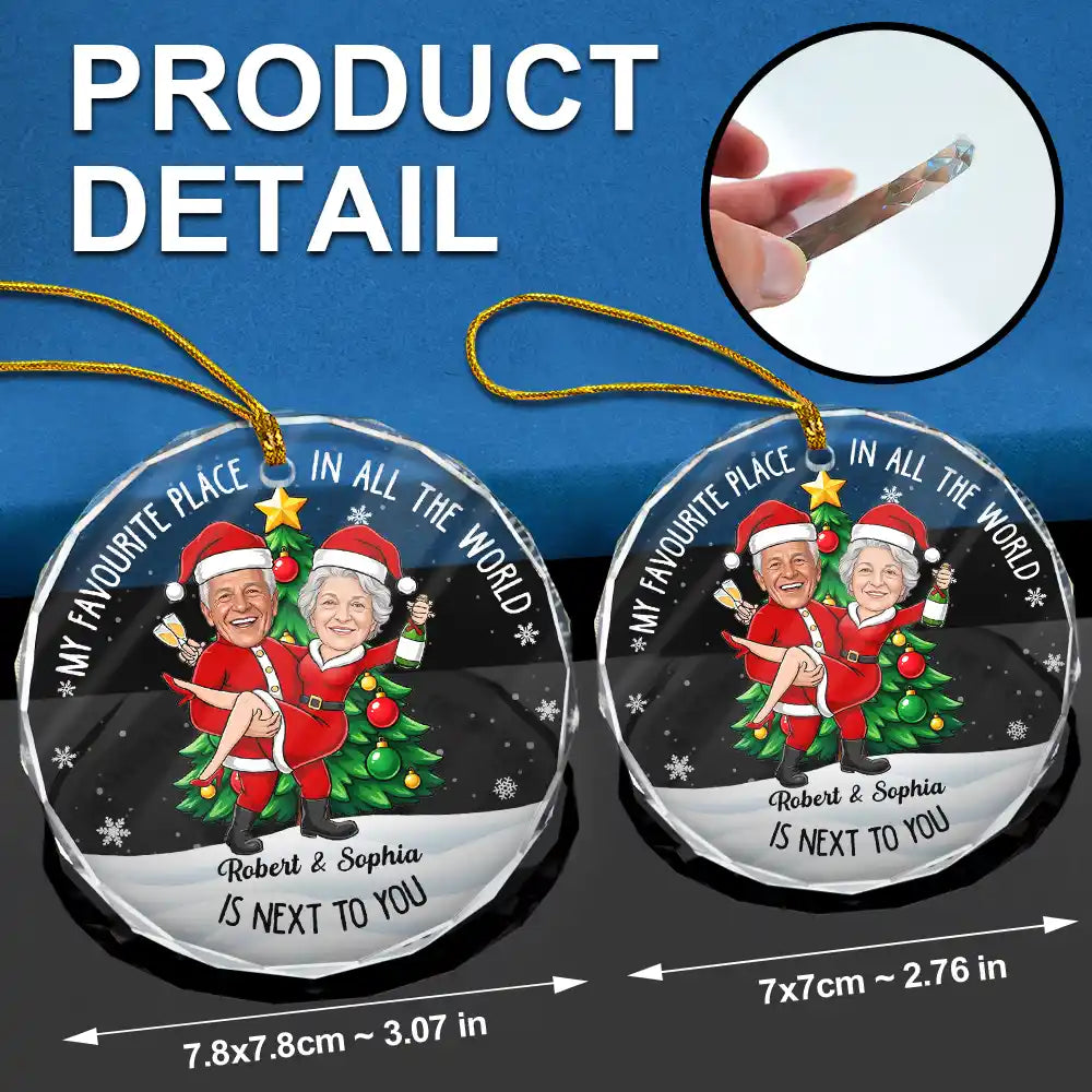 Art Design,Christmas,Custom Photo,Gift For Couples,Humorous,Old Couples,Photo - Christmas Character Cosplay Couple  - Funny Christmas Gift For Couples - Personalized Custom Photo My Favorite Place In All The World Circle Glass Ornament