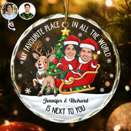 Art Design,Christmas,Custom Photo,Gift For Couples,Humorous,Old Couples,Photo - Christmas Character Cosplay Couple  - Funny Christmas Gift For Couples - Personalized Custom Photo My Favorite Place In All The World Circle Glass Ornament