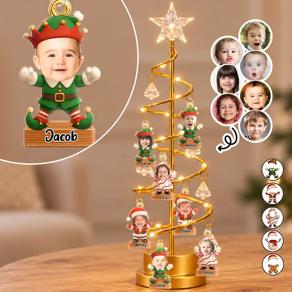Christmas, Custom Photo, Cut-Face Photo, Family, Happy - Family Together Santa Elf Snowman Custom Name - Personalized Custom Photo Christmas LED Tree Lights