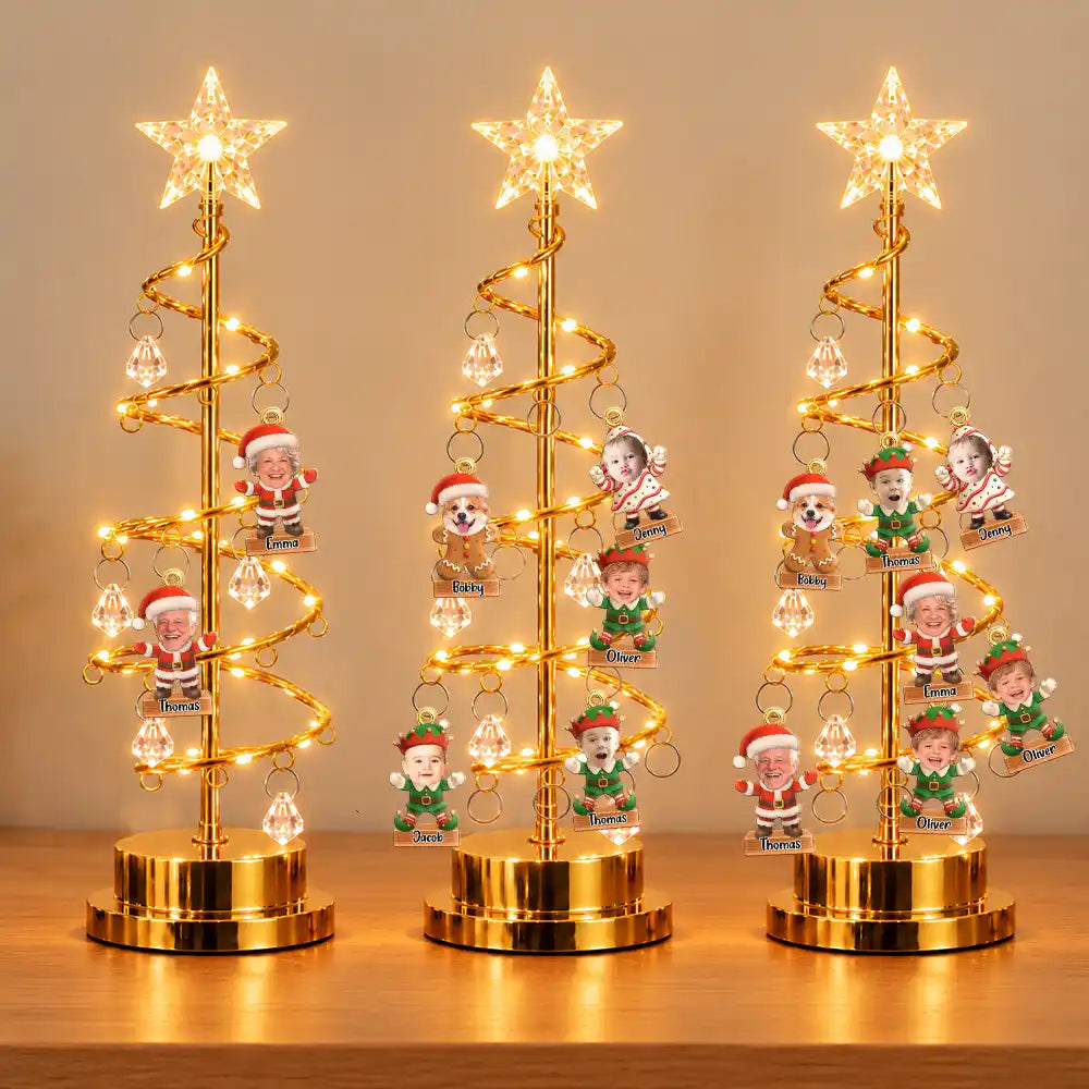 Christmas, Custom Photo, Cut-Face Photo, Family, Happy - Family Together Santa Elf Snowman Custom Name - Personalized Custom Photo Christmas LED Tree Lights