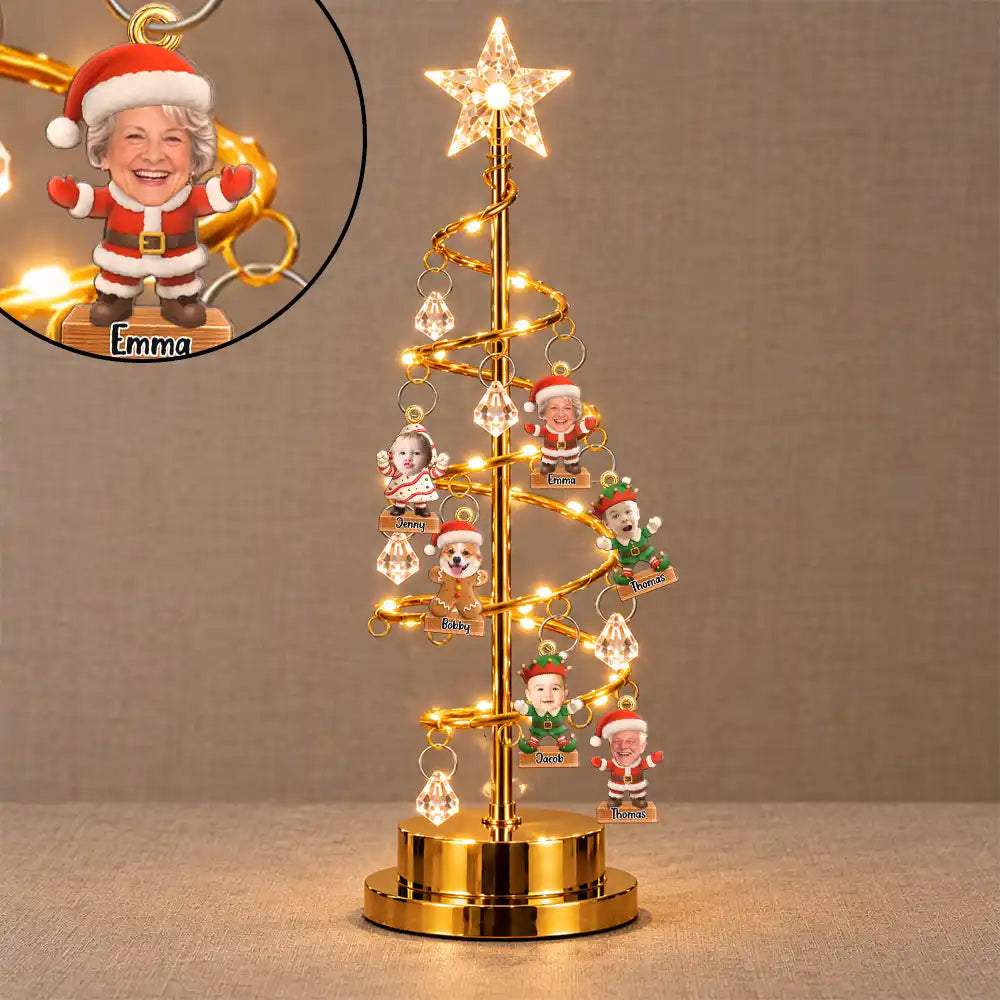 Christmas, Custom Photo, Cut-Face Photo, Family, Happy - Family Together Santa Elf Snowman Custom Name - Personalized Custom Photo Christmas LED Tree Lights