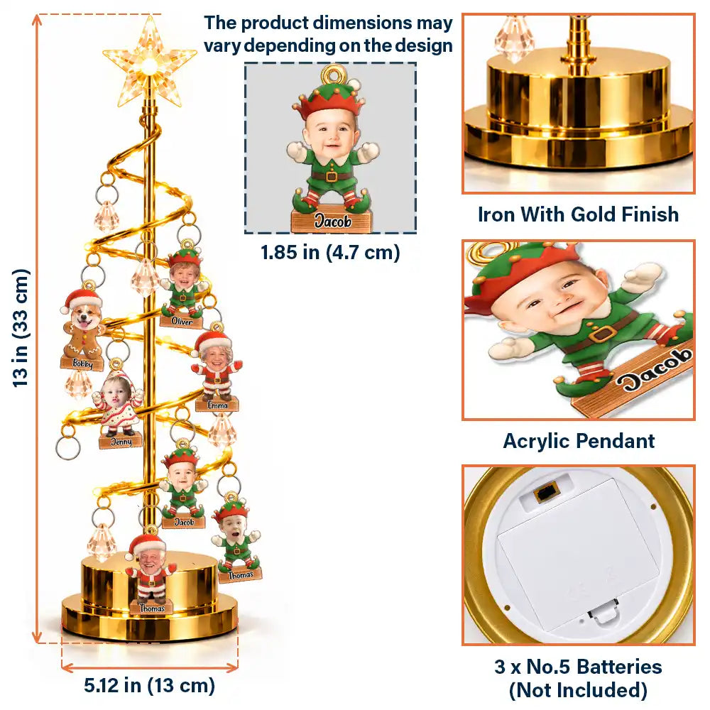 Christmas, Custom Photo, Cut-Face Photo, Family, Happy - Family Together Santa Elf Snowman Custom Name - Personalized Custom Photo Christmas LED Tree Lights