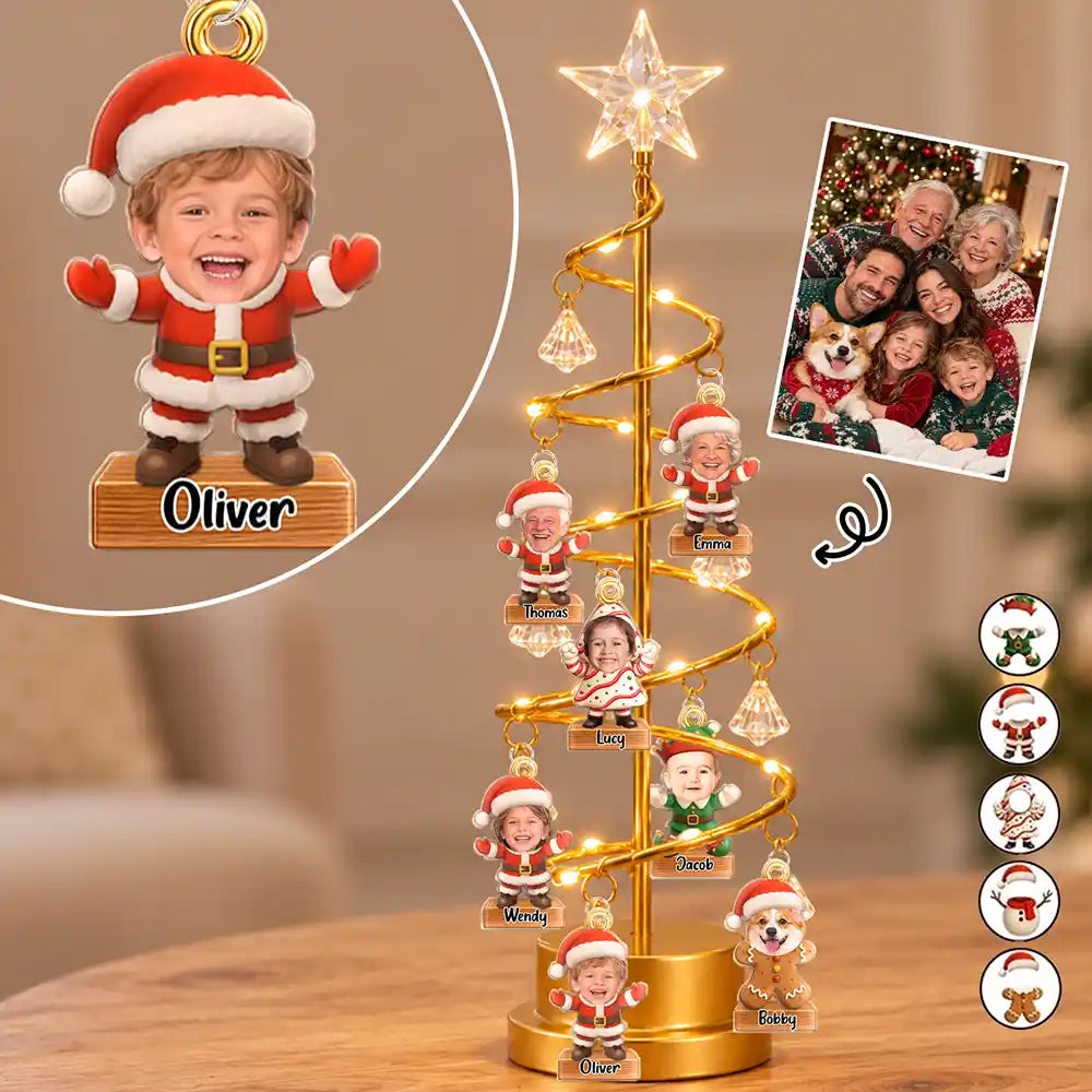 Christmas, Custom Photo, Cut-Face Photo, Family, Happy - Family Together Santa Elf Snowman Custom Name - Personalized Custom Photo Christmas LED Tree Lights