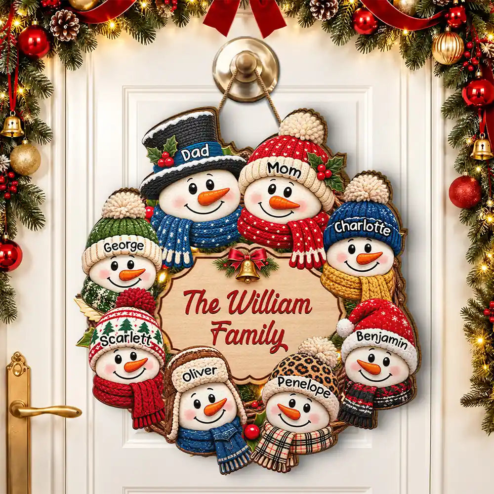 Christmas, Family, Happy, Icon - Christmas Decor For Family - Personalized Snowman Wreath Wood Sign