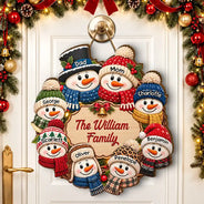 Christmas, Family, Happy, Icon - Christmas Decor For Family - Personalized Snowman Wreath Wood Sign