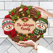 Christmas, Family, Happy, Icon - Christmas Decor For Family - Personalized Snowman Wreath Wood Sign