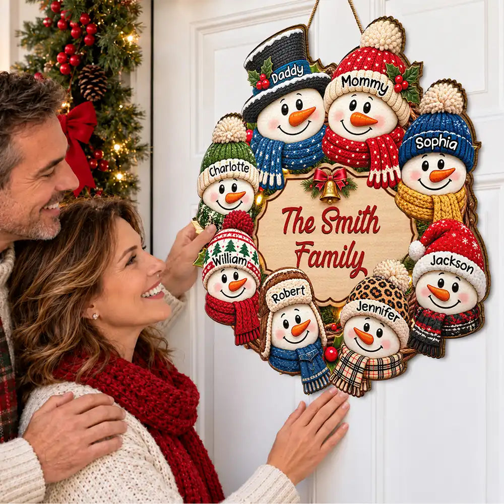 Christmas, Family, Happy, Icon - Christmas Decor For Family - Personalized Snowman Wreath Wood Sign