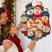 Christmas, Family, Happy, Icon - Christmas Decor For Family - Personalized Snowman Wreath Wood Sign