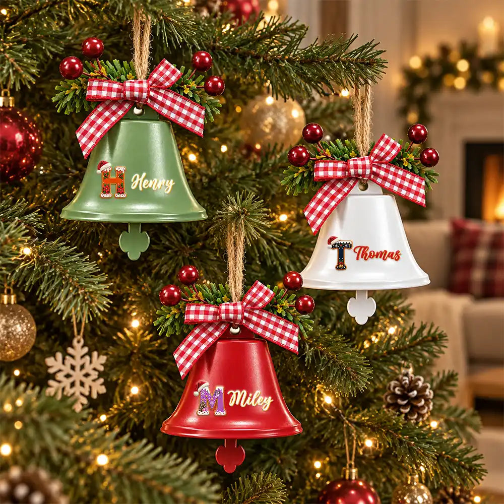 Christmas,Family,Happy,Icon - Gift For Family Kids - Personalized Name Santa Hat Initial Bell Ornament