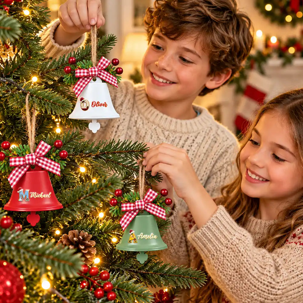 Christmas,Family,Happy,Icon - Gift For Family Kids - Personalized Name Santa Hat Initial Bell Ornament