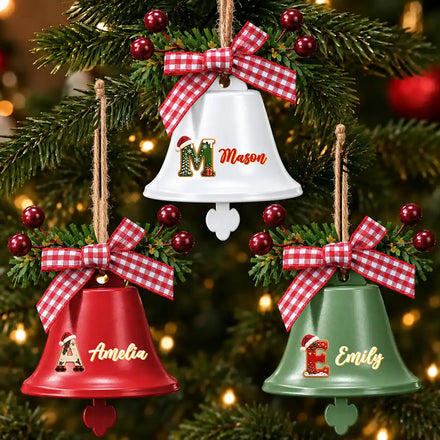 Gift For Family Kids - Personalized Name Santa Hat Initial Bell Ornament