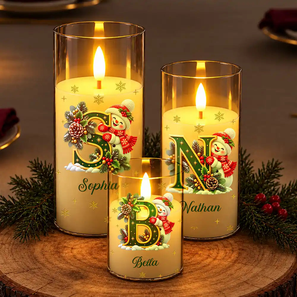 Christmas,Cozy,Family,Icon - Christmas Home Decor Gift For Family - Personalized Name Snowman Hugging Christmas Initial LED Candle