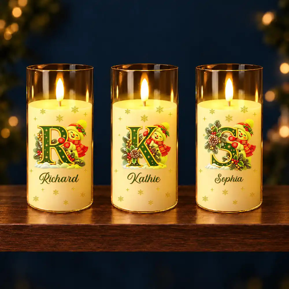 Christmas,Cozy,Family,Icon - Christmas Home Decor Gift For Family - Personalized Name Snowman Hugging Christmas Initial LED Candle