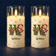 Christmas,Cozy,Family,Icon - Christmas Home Decor Gift For Family - Personalized Name Snowman Hugging Christmas Initial LED Candle