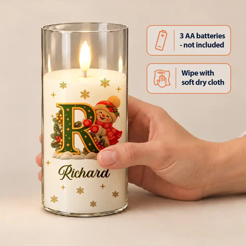Christmas,Cozy,Family,Icon - Christmas Home Decor Gift For Family - Personalized Name Snowman Hugging Christmas Initial LED Candle