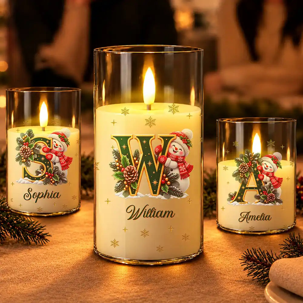 Christmas,Cozy,Family,Icon - Christmas Home Decor Gift For Family - Personalized Name Snowman Hugging Christmas Initial LED Candle
