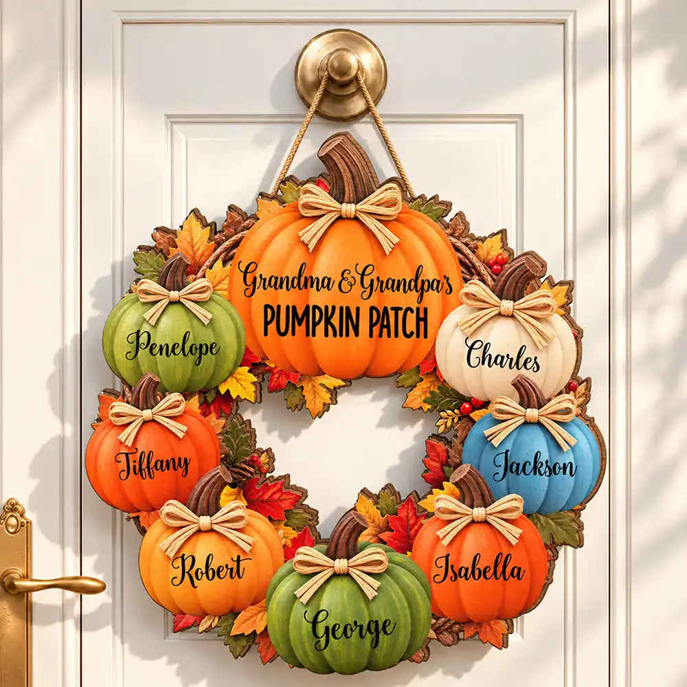 Family,Grandparents,Happy,Icon,Indoor Decor,Thanksgiving - Thanksgiving Gift For Grandparents - Personalized Pumpkin Patch Kids Names Wreath Wood Sign