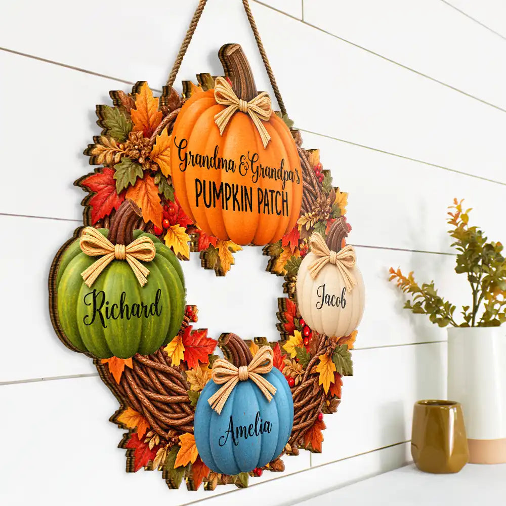 Family,Grandparents,Happy,Icon,Indoor Decor,Thanksgiving - Thanksgiving Gift For Grandparents - Personalized Pumpkin Patch Kids Names Wreath Wood Sign