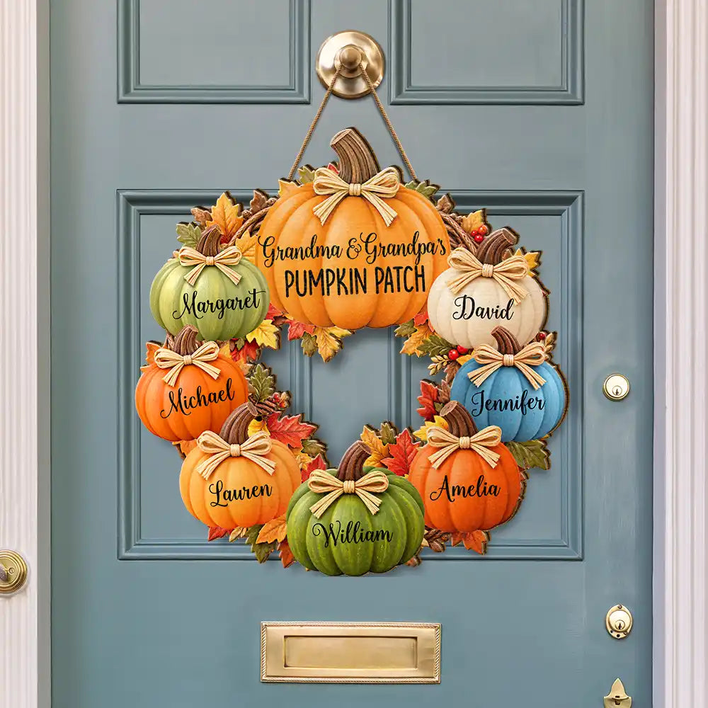 Family,Grandparents,Happy,Icon,Indoor Decor,Thanksgiving - Thanksgiving Gift For Grandparents - Personalized Pumpkin Patch Kids Names Wreath Wood Sign