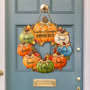 Family,Grandparents,Happy,Icon,Indoor Decor,Thanksgiving - Thanksgiving Gift For Grandparents - Personalized Pumpkin Patch Kids Names Wreath Wood Sign