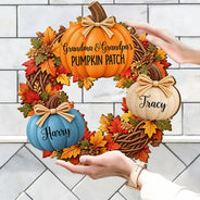 Family,Grandparents,Happy,Icon,Indoor Decor,Thanksgiving - Thanksgiving Gift For Grandparents - Personalized Pumpkin Patch Kids Names Wreath Wood Sign