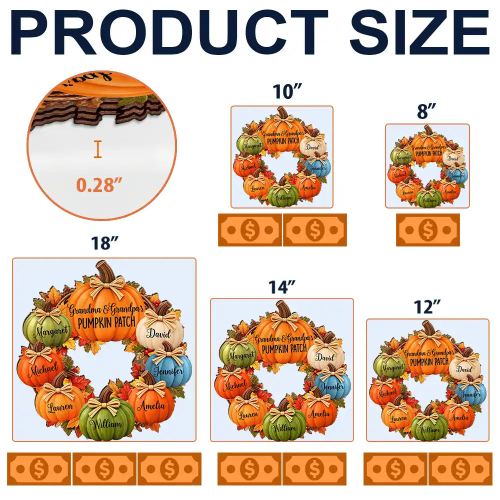 Family,Grandparents,Happy,Icon,Indoor Decor,Thanksgiving - Thanksgiving Gift For Grandparents - Personalized Pumpkin Patch Kids Names Wreath Wood Sign