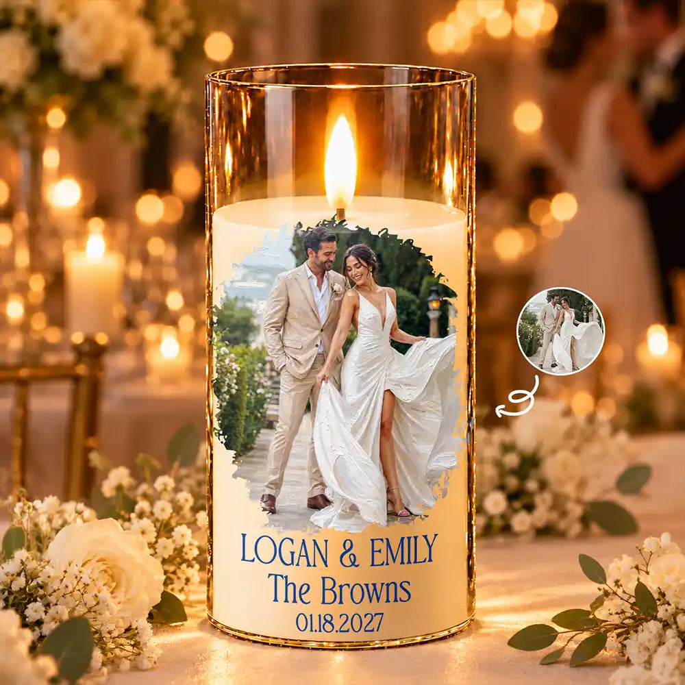 Anniversary,Art Design,Christmas,Custom Photo,Gift For Couples,Old Couples,Photo - Oil Painting,Romantic - Wedding Decor & Anniversary Gift For Couple - Personalized Custom Photo Names And Date Couple Portrait LED Candle