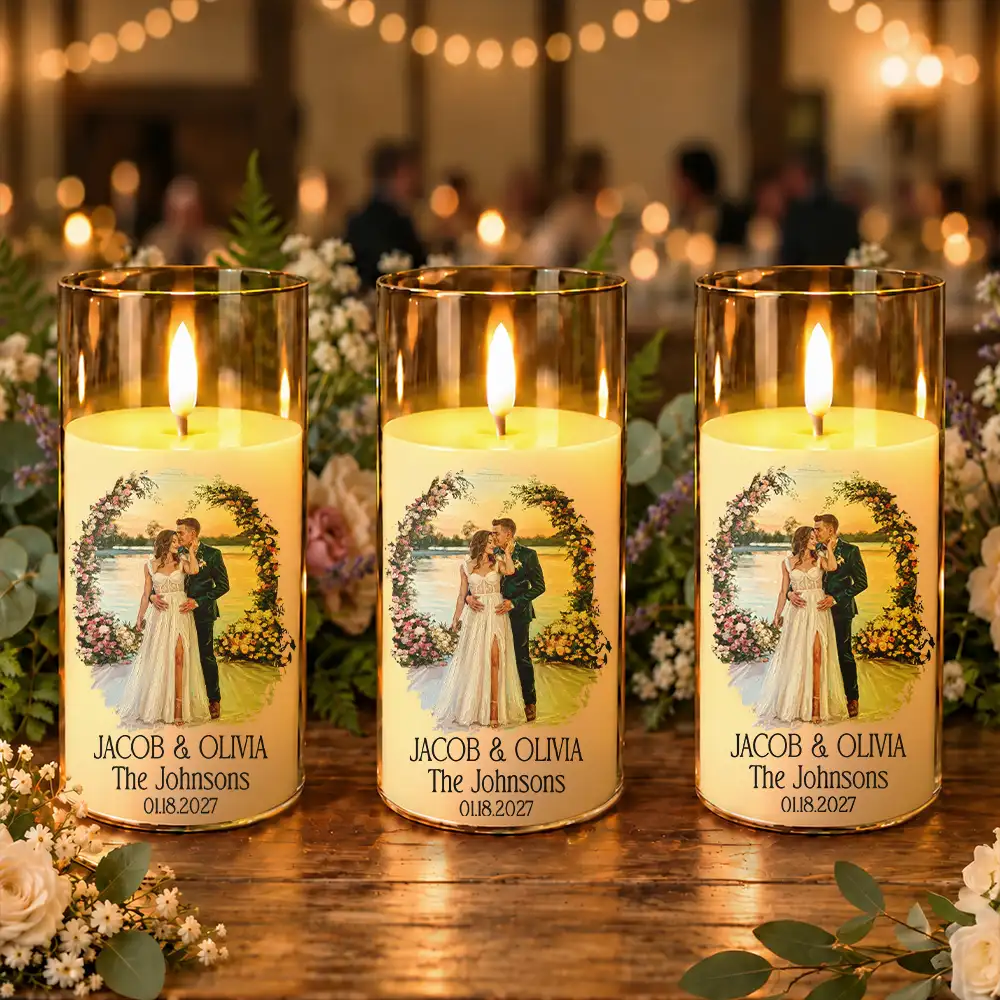 Anniversary,Art Design,Christmas,Custom Photo,Gift For Couples,Old Couples,Photo - Oil Painting,Romantic - Wedding Decor & Anniversary Gift For Couple - Personalized Custom Photo Names And Date Couple Portrait LED Candle