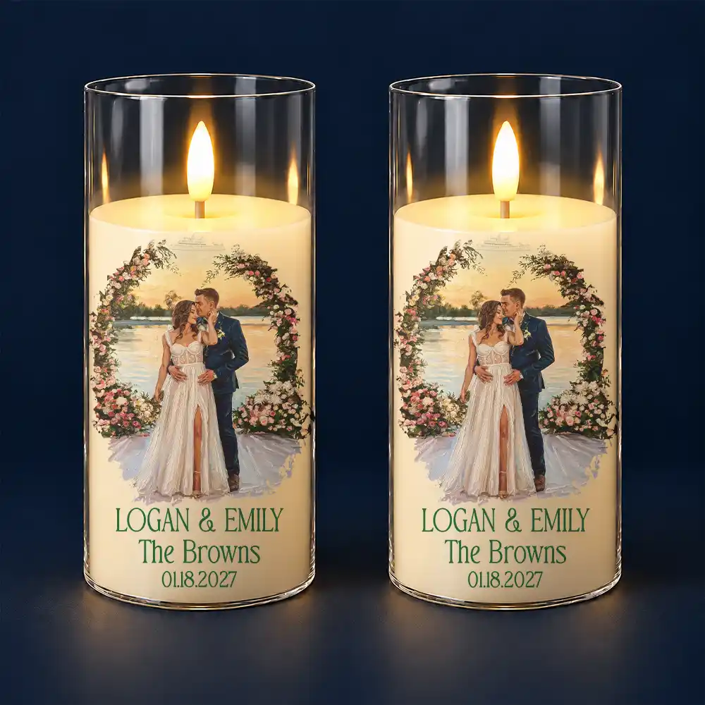 Anniversary,Art Design,Christmas,Custom Photo,Gift For Couples,Old Couples,Photo - Oil Painting,Romantic - Wedding Decor & Anniversary Gift For Couple - Personalized Custom Photo Names And Date Couple Portrait LED Candle