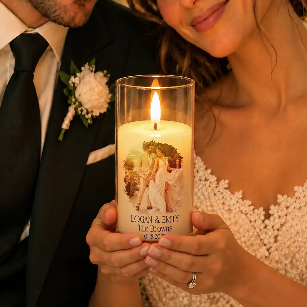 Anniversary,Art Design,Christmas,Custom Photo,Gift For Couples,Old Couples,Photo - Oil Painting,Romantic - Wedding Decor & Anniversary Gift For Couple - Personalized Custom Photo Names And Date Couple Portrait LED Candle