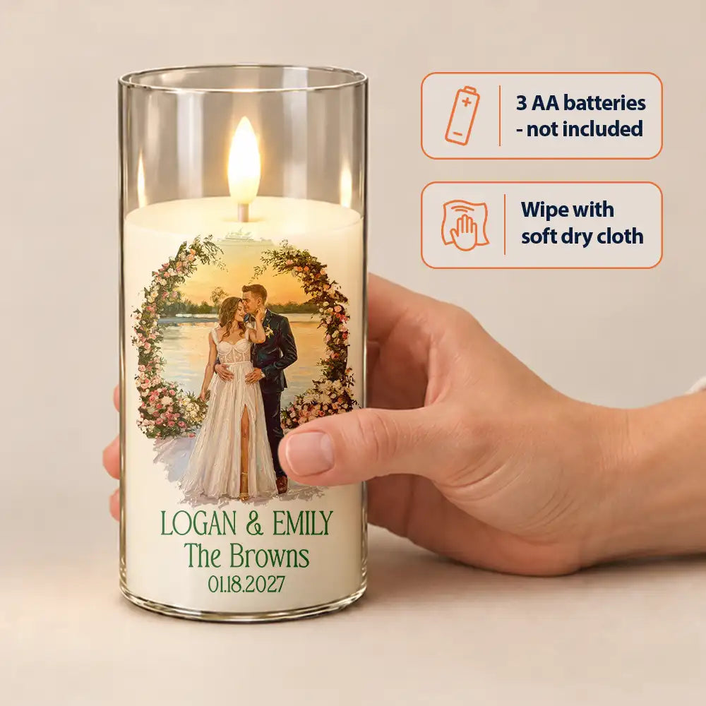 Anniversary,Art Design,Christmas,Custom Photo,Gift For Couples,Old Couples,Photo - Oil Painting,Romantic - Wedding Decor & Anniversary Gift For Couple - Personalized Custom Photo Names And Date Couple Portrait LED Candle