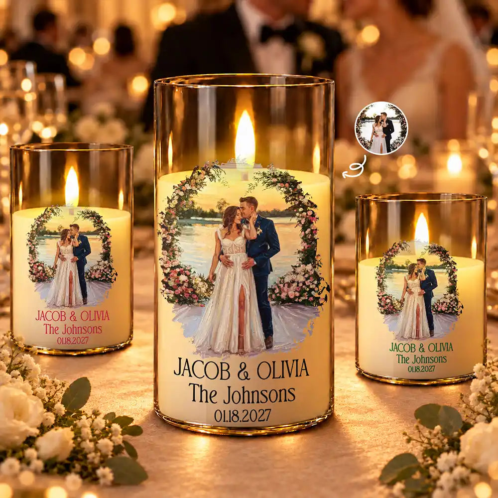 Anniversary,Art Design,Christmas,Custom Photo,Gift For Couples,Old Couples,Photo - Oil Painting,Romantic - Wedding Decor & Anniversary Gift For Couple - Personalized Custom Photo Names And Date Couple Portrait LED Candle