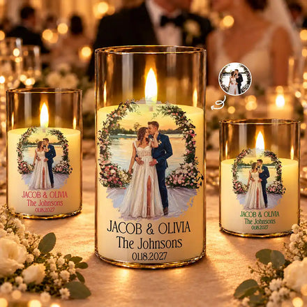 Wedding Decor & Anniversary Gift For Couple - Personalized Custom Photo Names And Date Couple Portrait LED Candle
