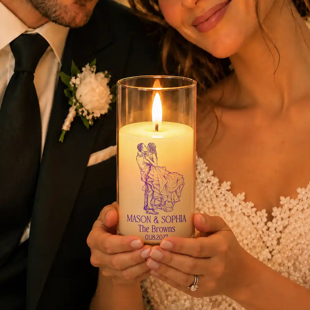 Anniversary,Art Design,Christmas,Custom Photo,Gift For Couples,Old Couples,Photo - Pencil Sketch - Bold,Romantic - Wedding Decor & Anniversary Gift For Couple - Personalized Custom Photo Pencil Sketch Names And Date Pencil Sketch Portrait LED Candle