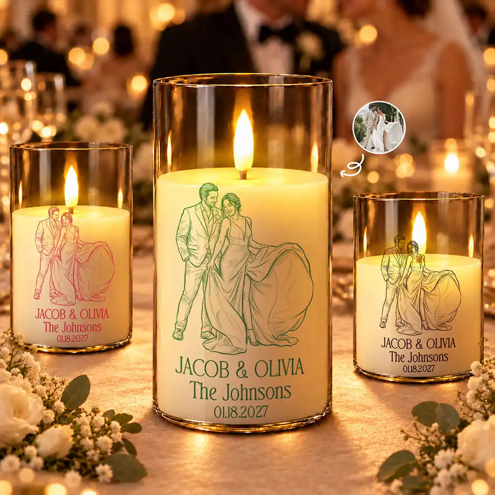 Anniversary,Art Design,Christmas,Custom Photo,Gift For Couples,Old Couples,Photo - Pencil Sketch - Bold,Romantic - Wedding Decor & Anniversary Gift For Couple - Personalized Custom Photo Pencil Sketch Names And Date Pencil Sketch Portrait LED Candle