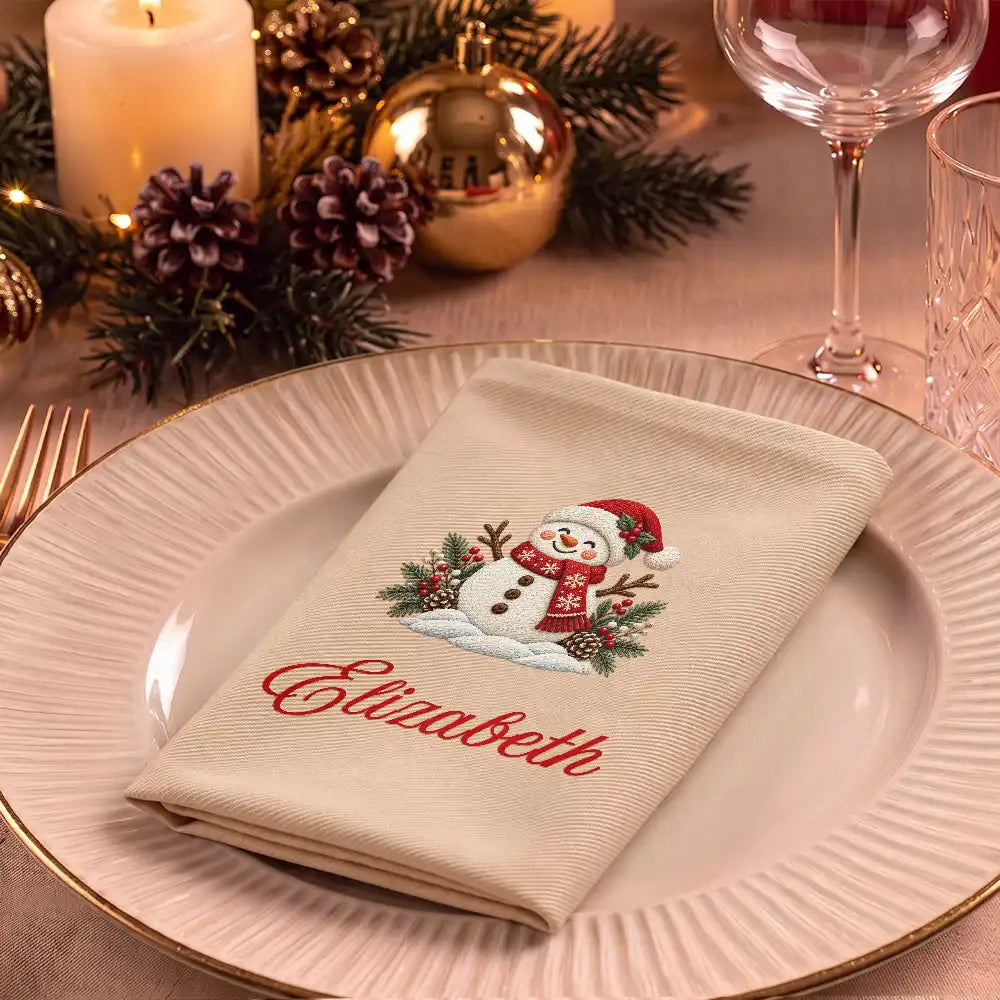 Christmas,Family,Icon,Sentimental - Christmas Table Decor Gift For Family - Personalized Name & Faux Embroidered Effect Christmas Icons Reusable Napkin