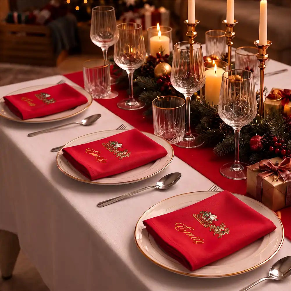 Christmas,Family,Icon,Sentimental - Christmas Table Decor Gift For Family - Personalized Name & Faux Embroidered Effect Christmas Icons Reusable Napkin