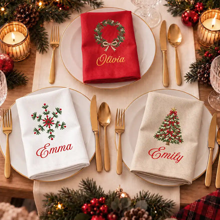 Christmas Table Decor Gift For Family - Personalized Name & Faux Embroidered Effect Christmas Icons Reusable Napkin